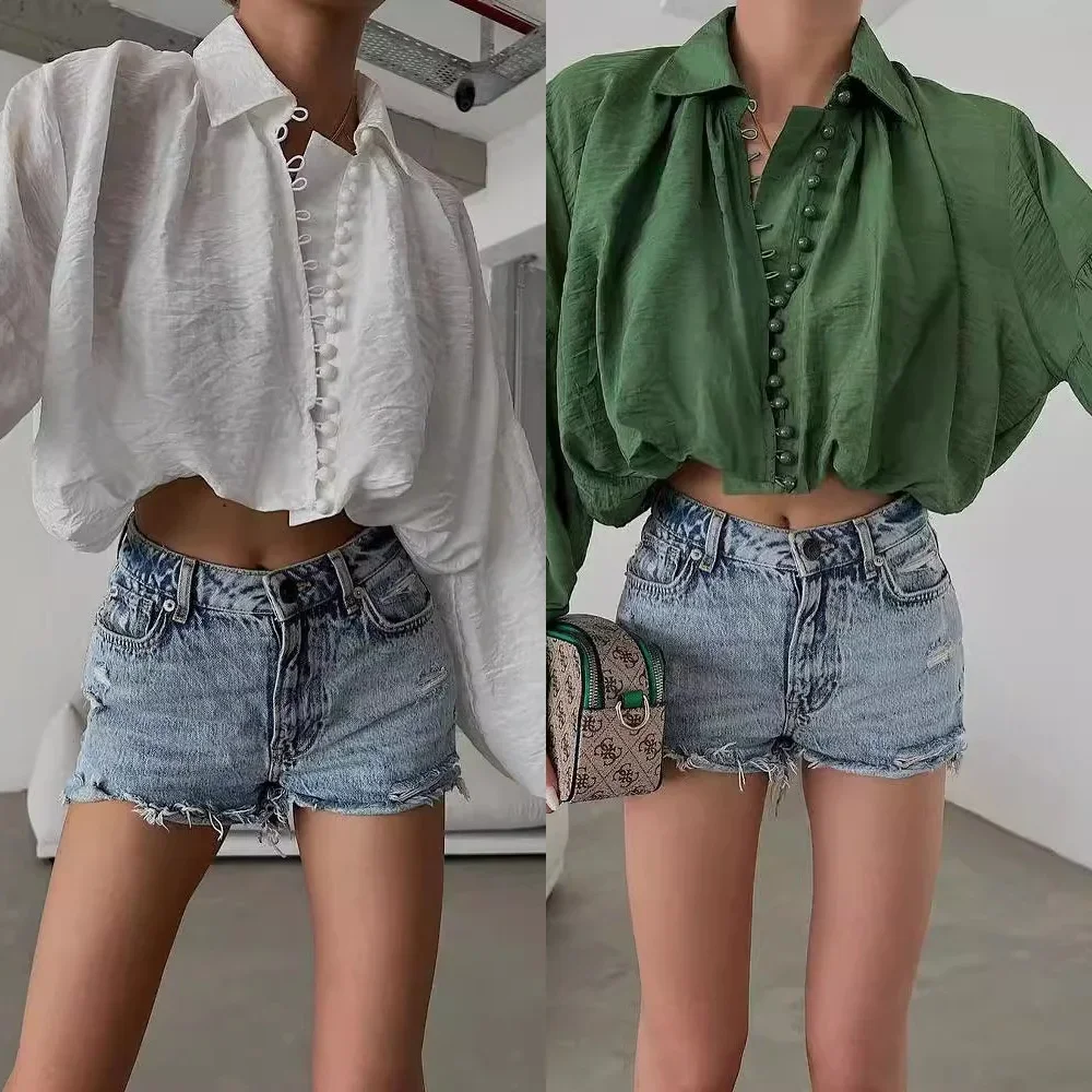 

Women's Cropped Shirt Fashion Woman Blouse 2024 White Blue Striped Shirts and Blouses Autumn Long Sleeve Short Top Female