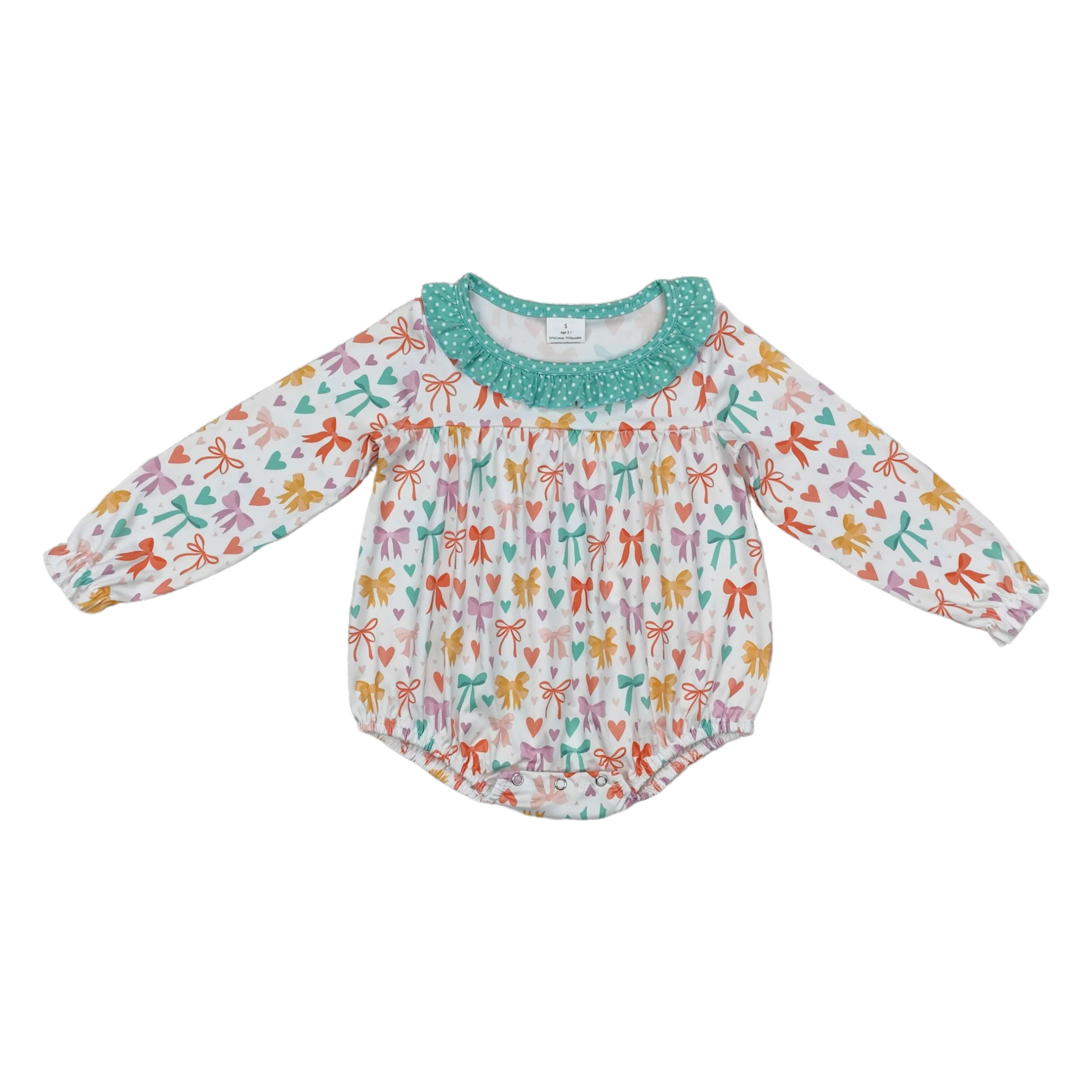 طفل الفتيات الوليد بذلة طفل كشكش رومبير أطفال الأطفال طويلة الأكمام الرضع عيد الحب قلوب القوس قطعة واحدة بالجملة #1