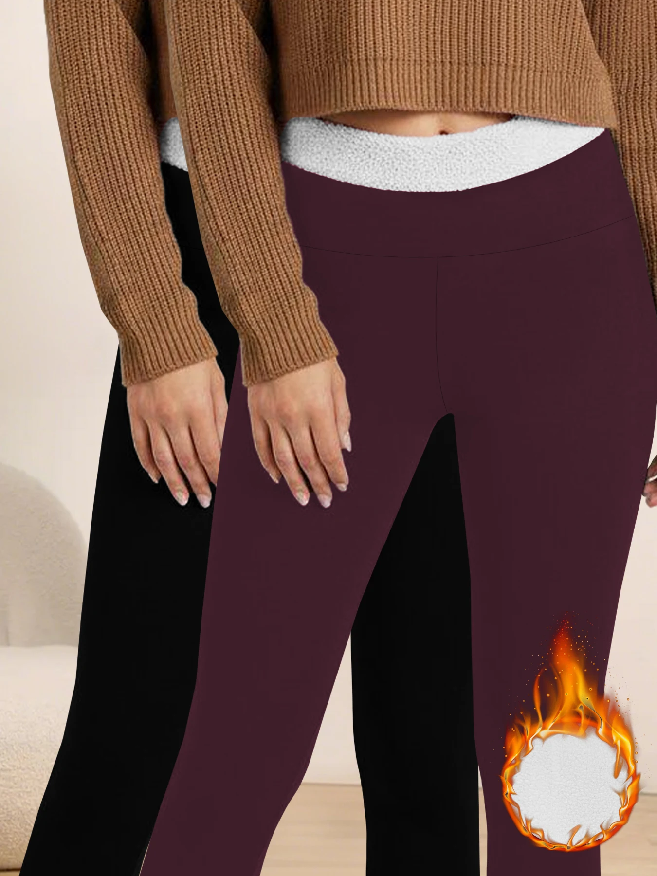 عبوة من قطعتين من السراويل النسائية الناعمة المبطنة بالصوف عالية الخصر - سراويل دافئة حرارية للتحكم في البطن لأنشطة اليوغا الشتوية #1