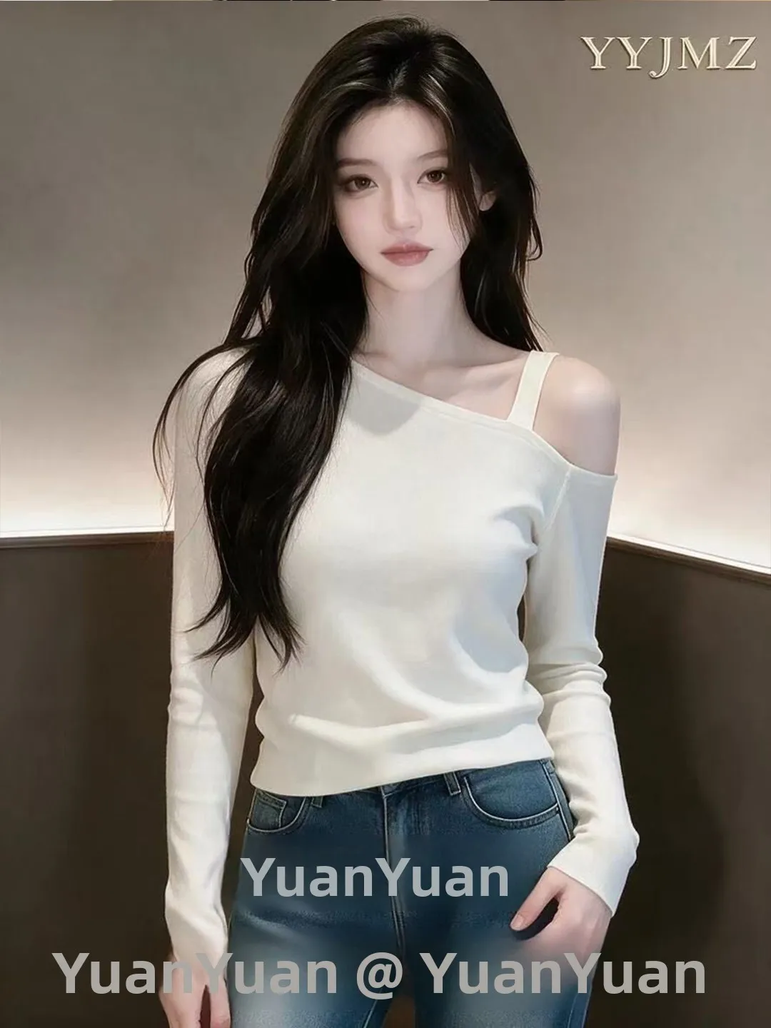 Shoulder Bared Knitted Top Women's Autumn Winter Long Sleeve Square Collar Slimming Elegant Style Beige Base Shirt Trendy Top