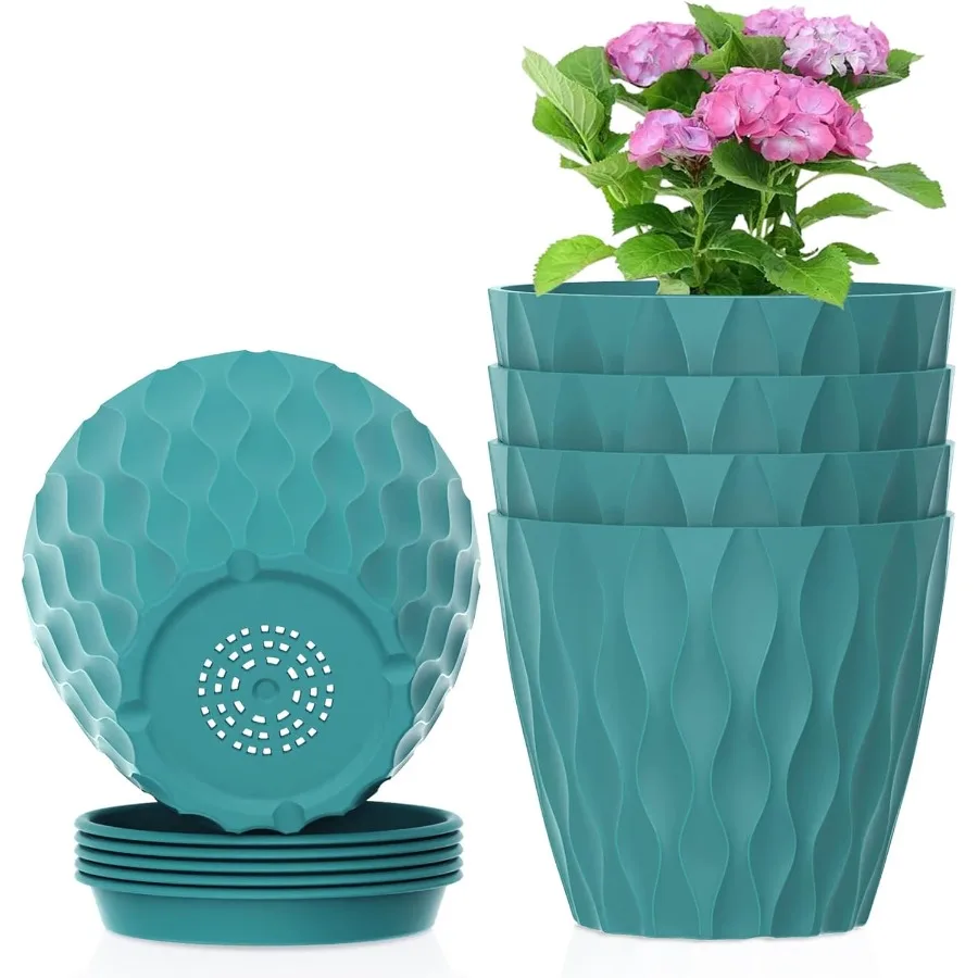 

6 inch Flower Pots 5 Pack Plant Pots for Indoor Plants Water Ripples Plastic Planters with Drainage Holes and Saucers Nursery P
