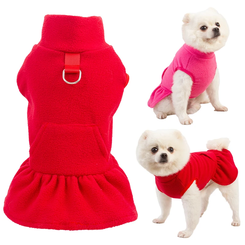 Solid Color High Collar Fleece Pet Dress Pullover Princess Dress Classic Pockets Hook Dog Clothes For Small Dogs Pet Supplies