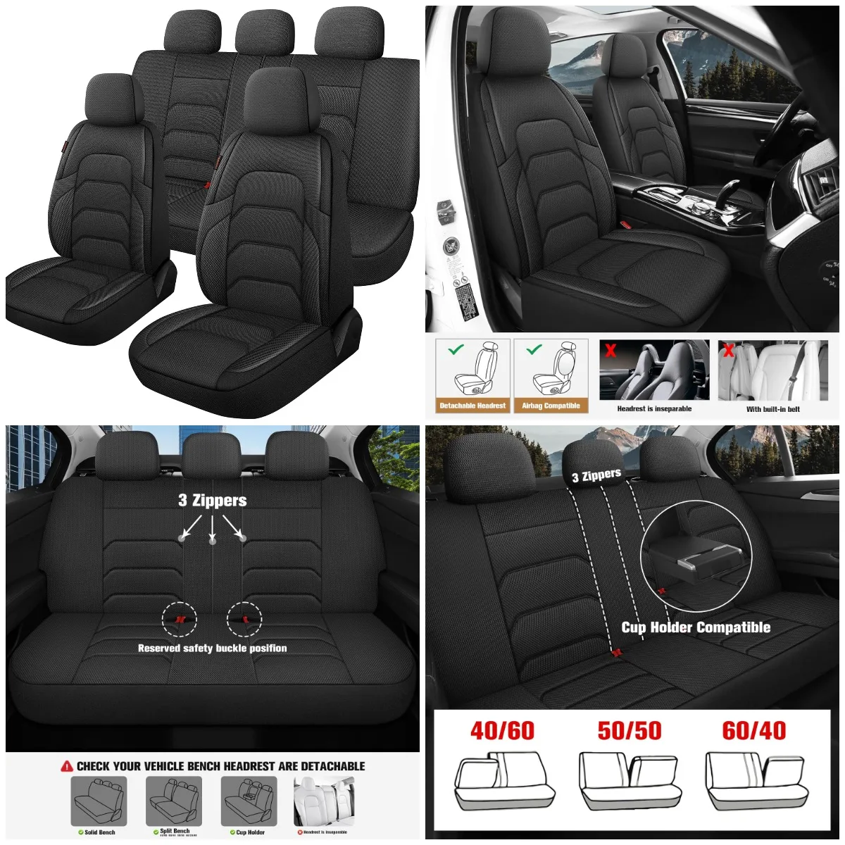 

3D Air Mesh Car Seat Covers, Breathable Full Set for SUVs, Vans, Sedans, Trucks – Universal Fit, 5-Seat Black