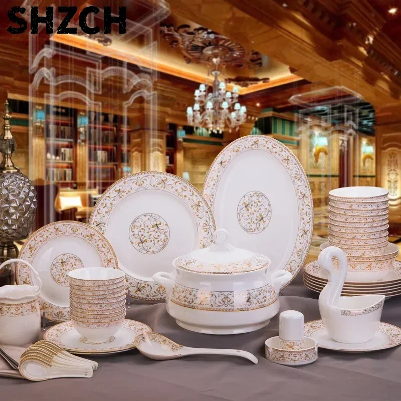 Porzellan-Geschirrset Bone China Tafelgeschirr Keramik-Geschirr-Ensemble Elegantes Essgeschirr-Service-Kit
