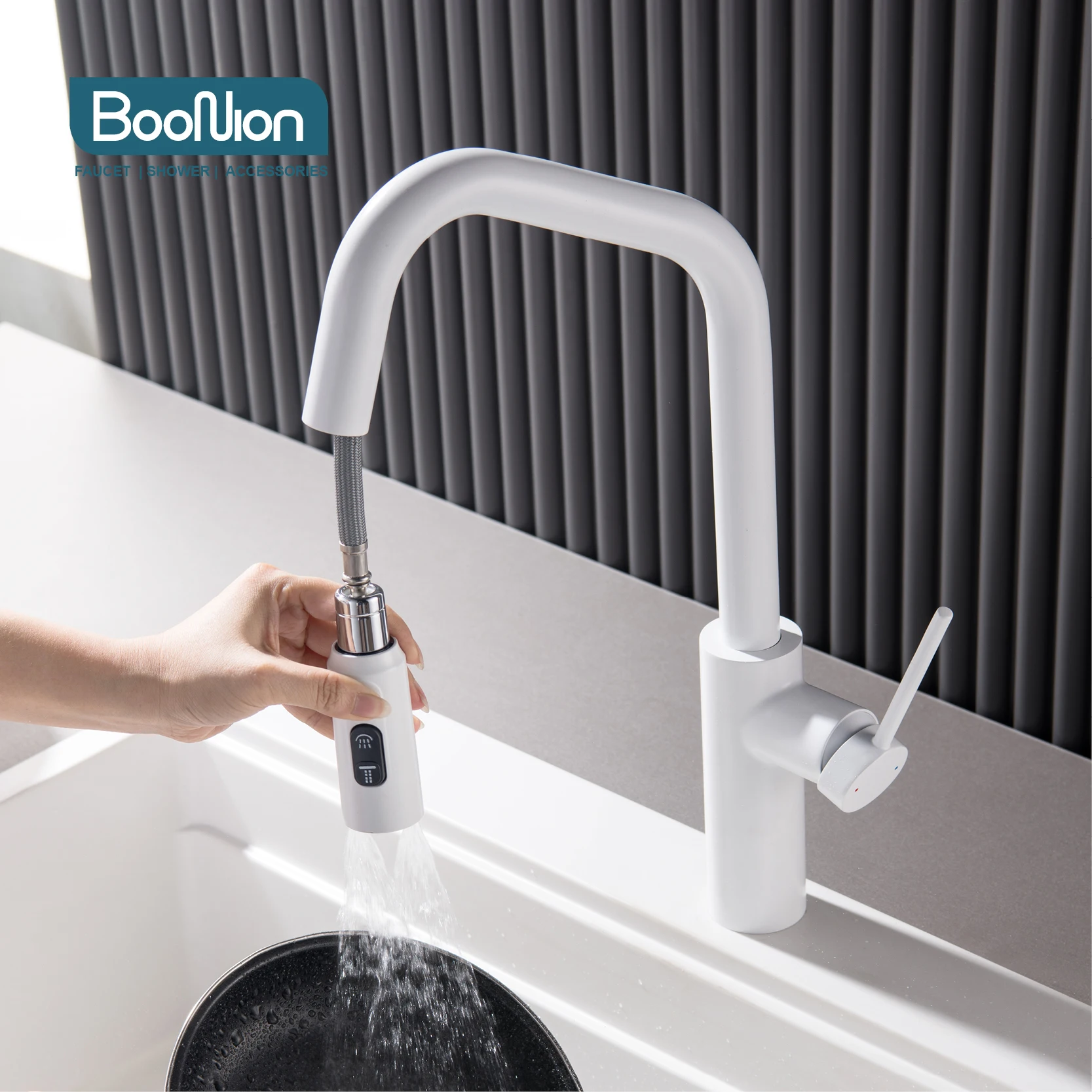 

Boonion brass cold and hot white kitchen faucet three water modes that can be pulled out three functions Gourmet faucet kitchen