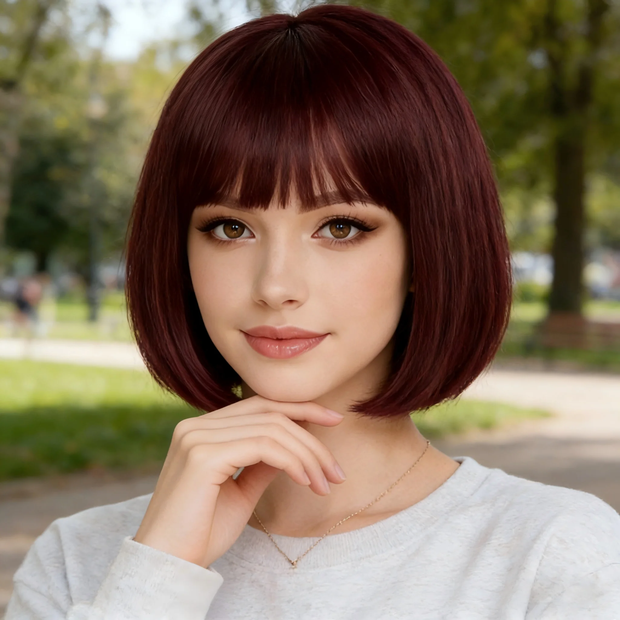 

Fully machine-made 10-inch burgundy bob with bangs, stylish and elegant women's style, perfect for cosplay, parties, and role-playing. Fluffy, soft, and comfortable for all-day wear.