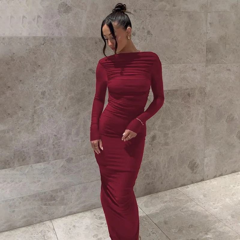 

European and American New Women's Fashion Backless Ruched Round Neck Long Sleeve Dress