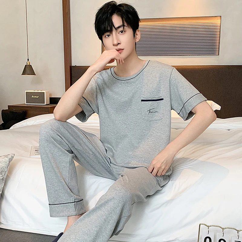 Men O-Neck Pajamas Sets Summer Short Sleeve Modal Casual Tracksuit Sleepshirt + Pants 2pc Pyjamas Male Big Yards Pijamas Hombre