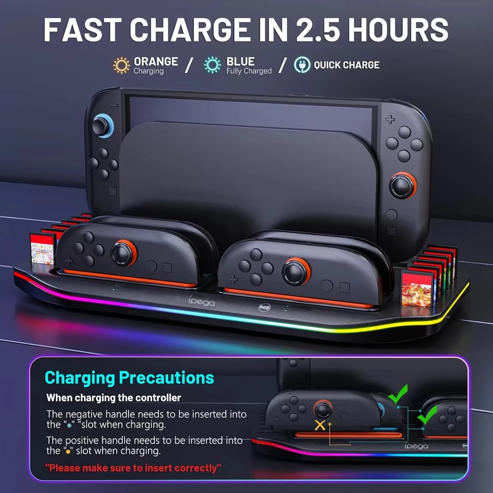 

For Nintendo Switch 2 Charging Dock with 9 RGB Light Modes 12 Game Card Storage Plug-in Joy Con Control Charger Station Dock