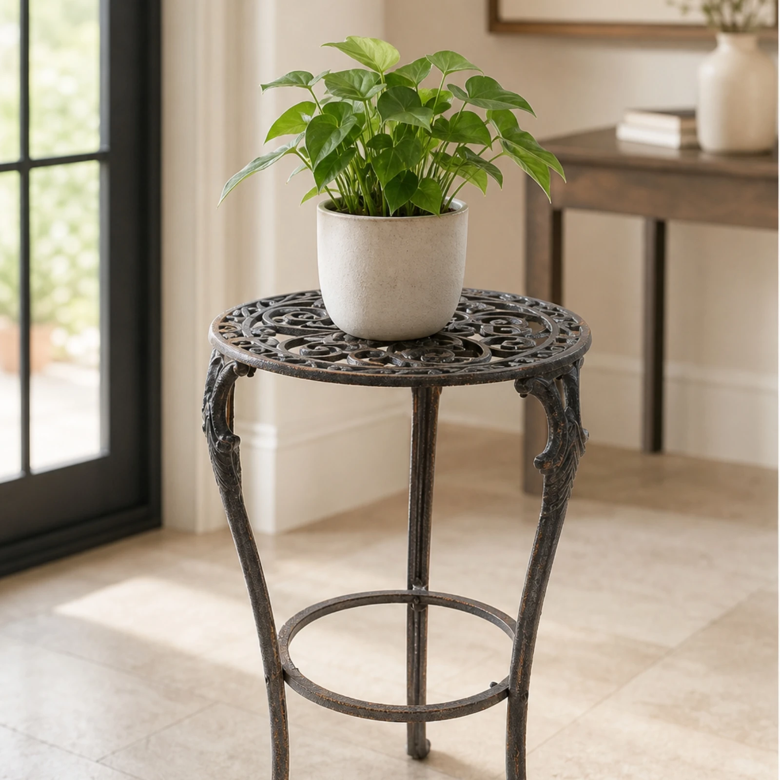 Cast Iron Round Plant Stand with Scrollwork Pedestal Elegant Display Stand Low Profile Flowerpot Holder for Indoor Outdoor