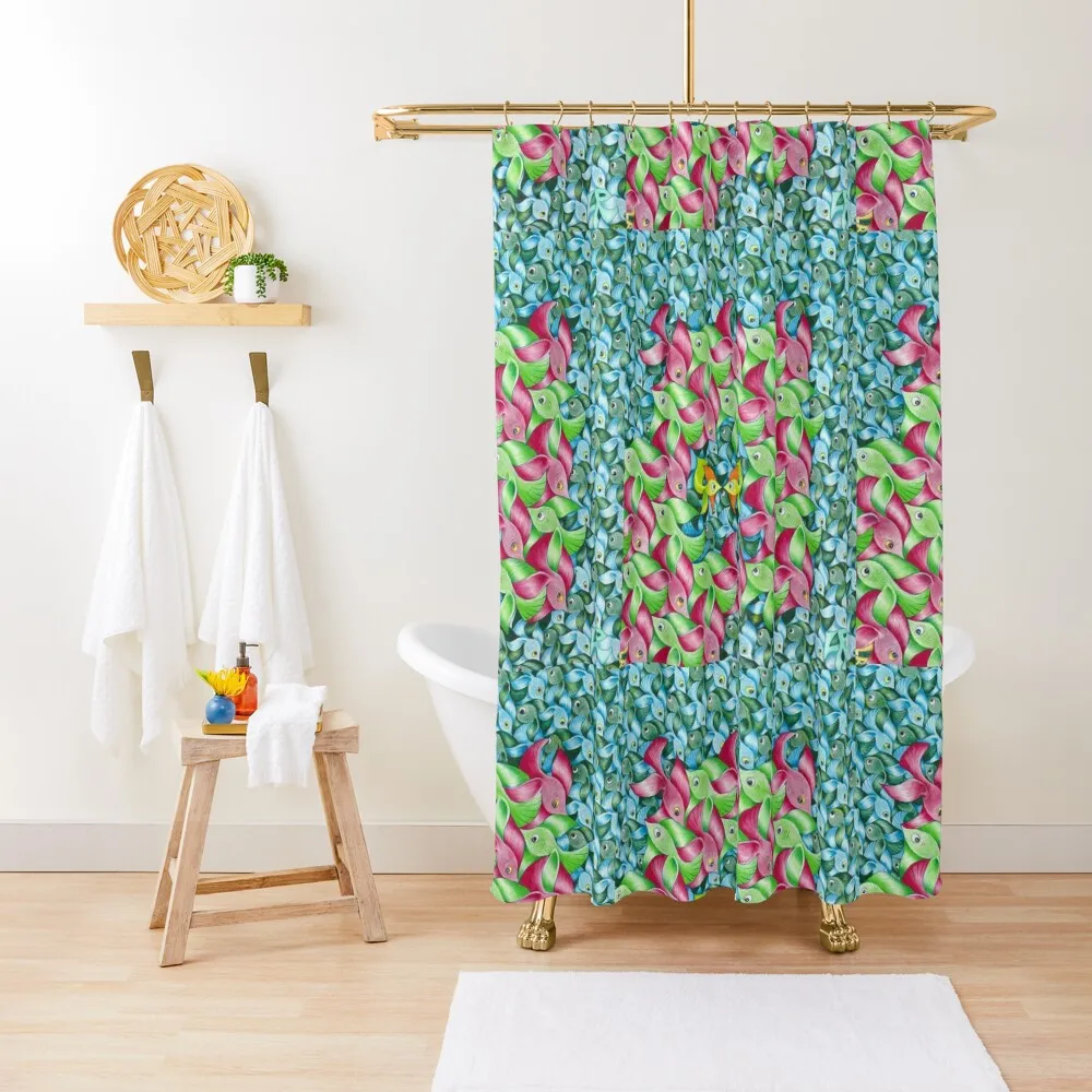 

Hand-Drawn Tessellation of Colorful Fish - Drawing #7 Shower Curtain Bathroom And Shower Products Curtain