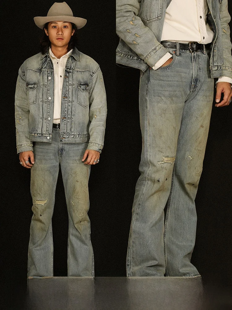 

Waed Denim Loose Micro Flared Pants Red Ear MBBCAR Narrow Series Oldization 707 Mud Dyeing Destroyed Casual Youth Jeans