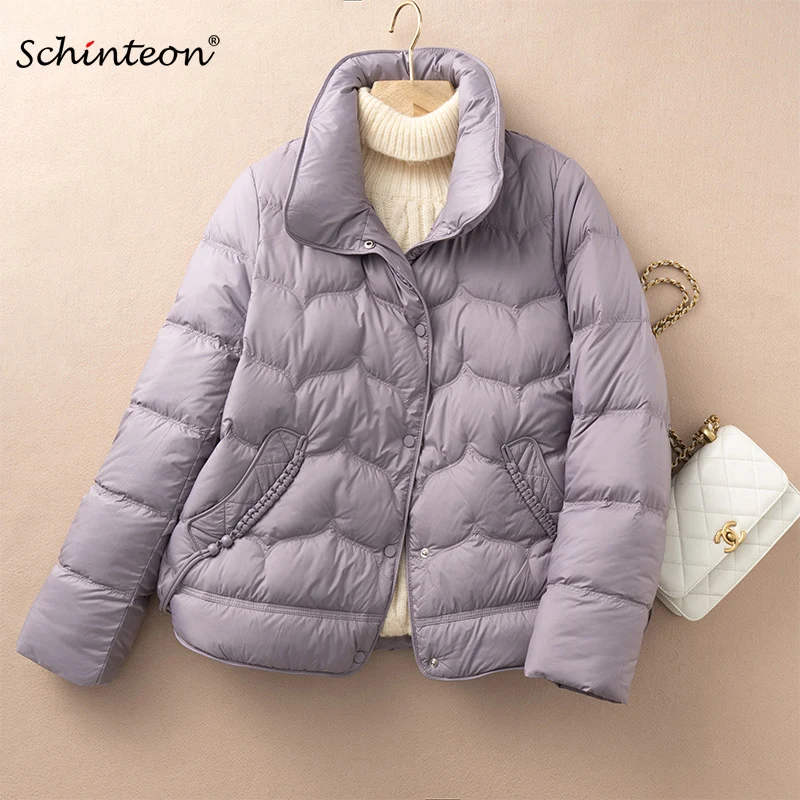 Schinteon المرأة الأبيض بطة أسفل سترة عادية أسلوب بسيط موضة الخريف الشتاء أبلى الوقوف طوق معطف قصير 2024 جديد
