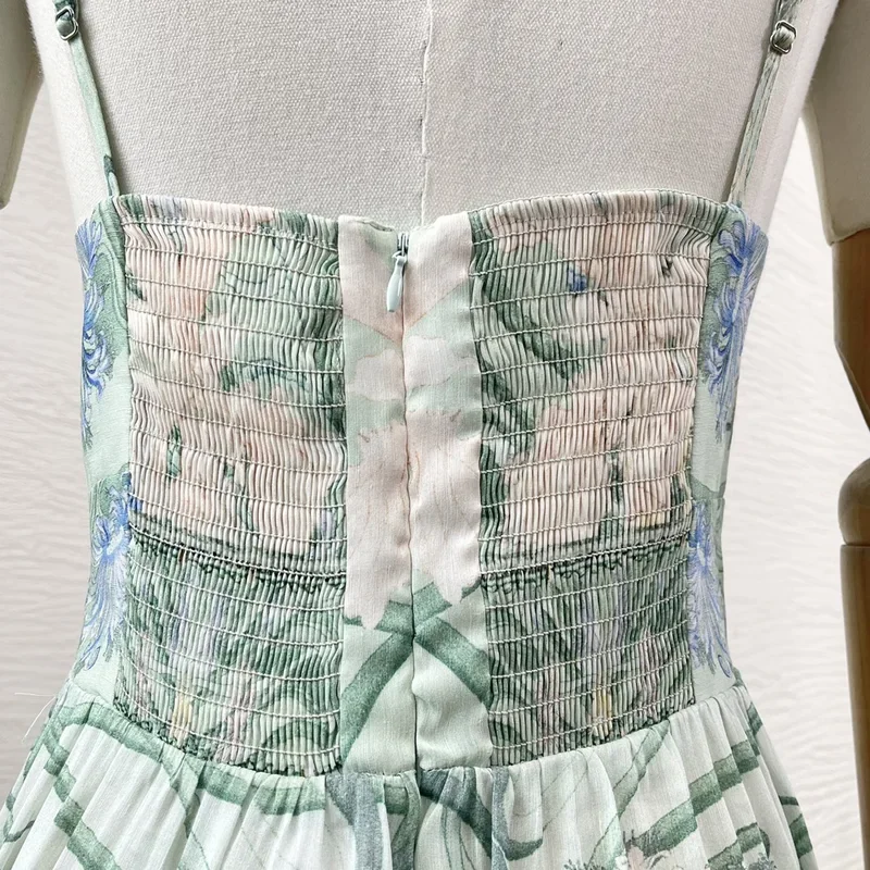 Linen silk 2024 re-tro mint green floral print high quality diamonds women sleeveless pleats spaghetti camisole long dress