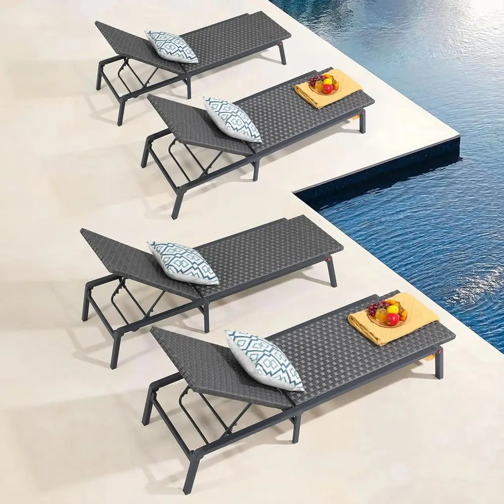 

Chaise Lounge Set of 4, Aluminum Outdoor Folding Lounge Chair, All-Weather PE Rattan Wicker Adjustable Reclining Lounge Chair fo
