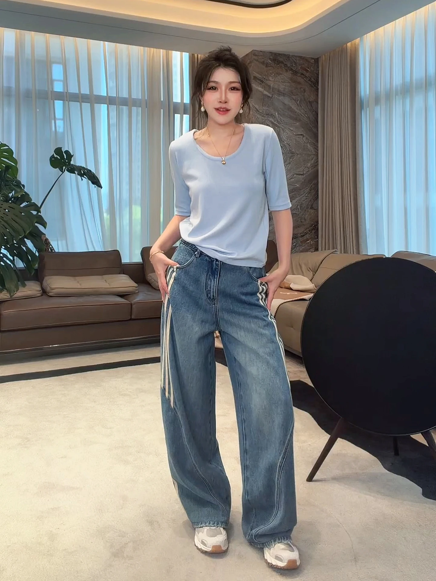 

High Waist Slimming Loose Cotton Denim Pants Women's High Waist Straight Leg Jeans Me Brand Washed Pure Cotton Zebra Stripe