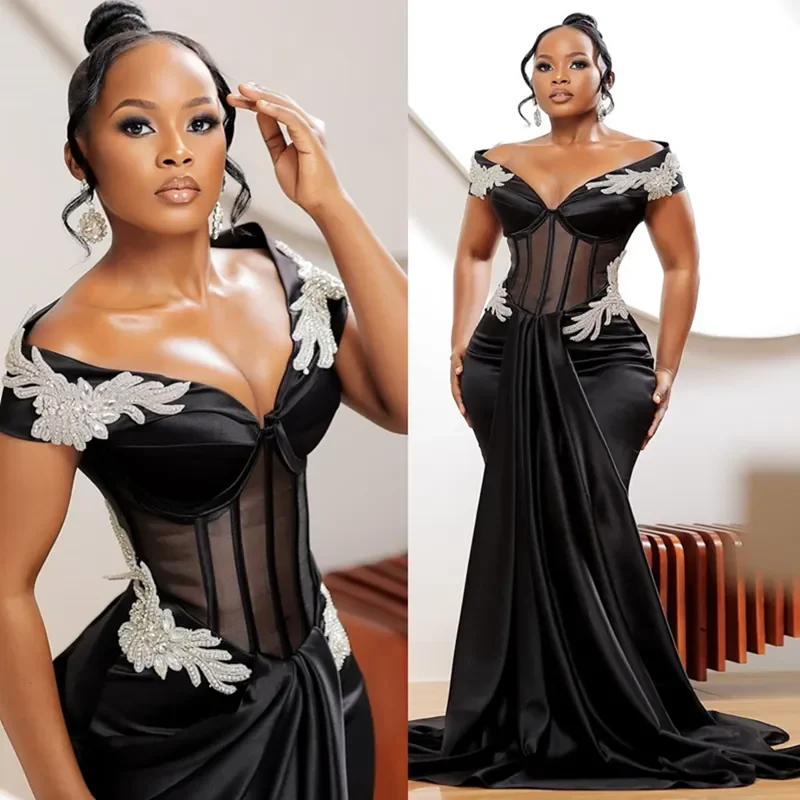 

Новинка 2025, элегантное черное бальное платье Aso Ebi со сложенной русалкой по индивидуальному заказу, сексуальное облегающее платье с v-образным вырезом и кристаллами на день рождения, второе приема