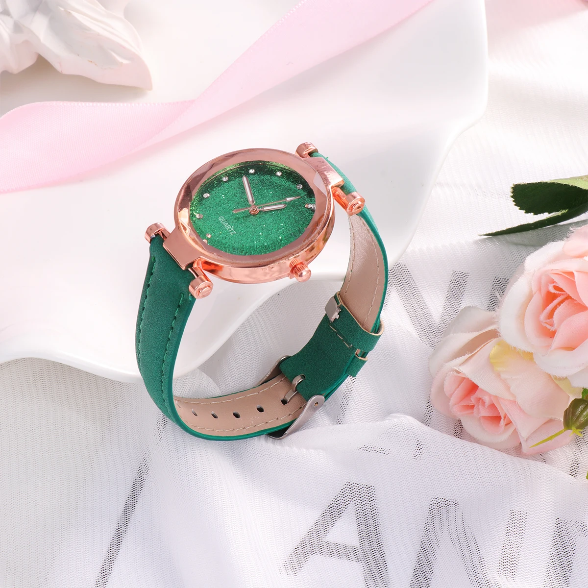 

2pcs Women Quartz Watch Glittering Wristwatch Fashionable Durable Precise Movement Birthday Gift Green Pink