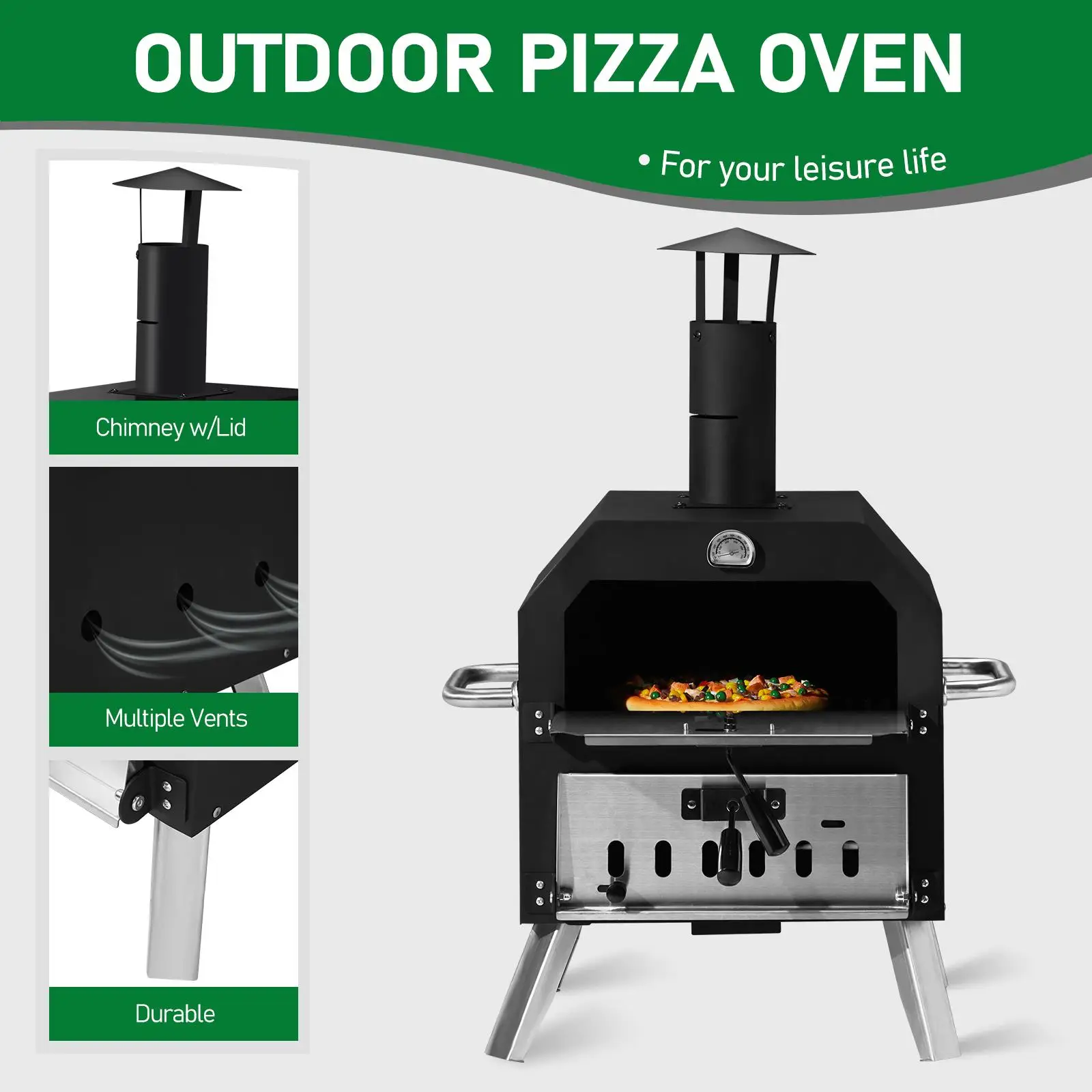 2-Layer Wood Fired Outdoor Pizza Oven with Stone & Removable Rack - Perfect for camping & Backyard BBQs