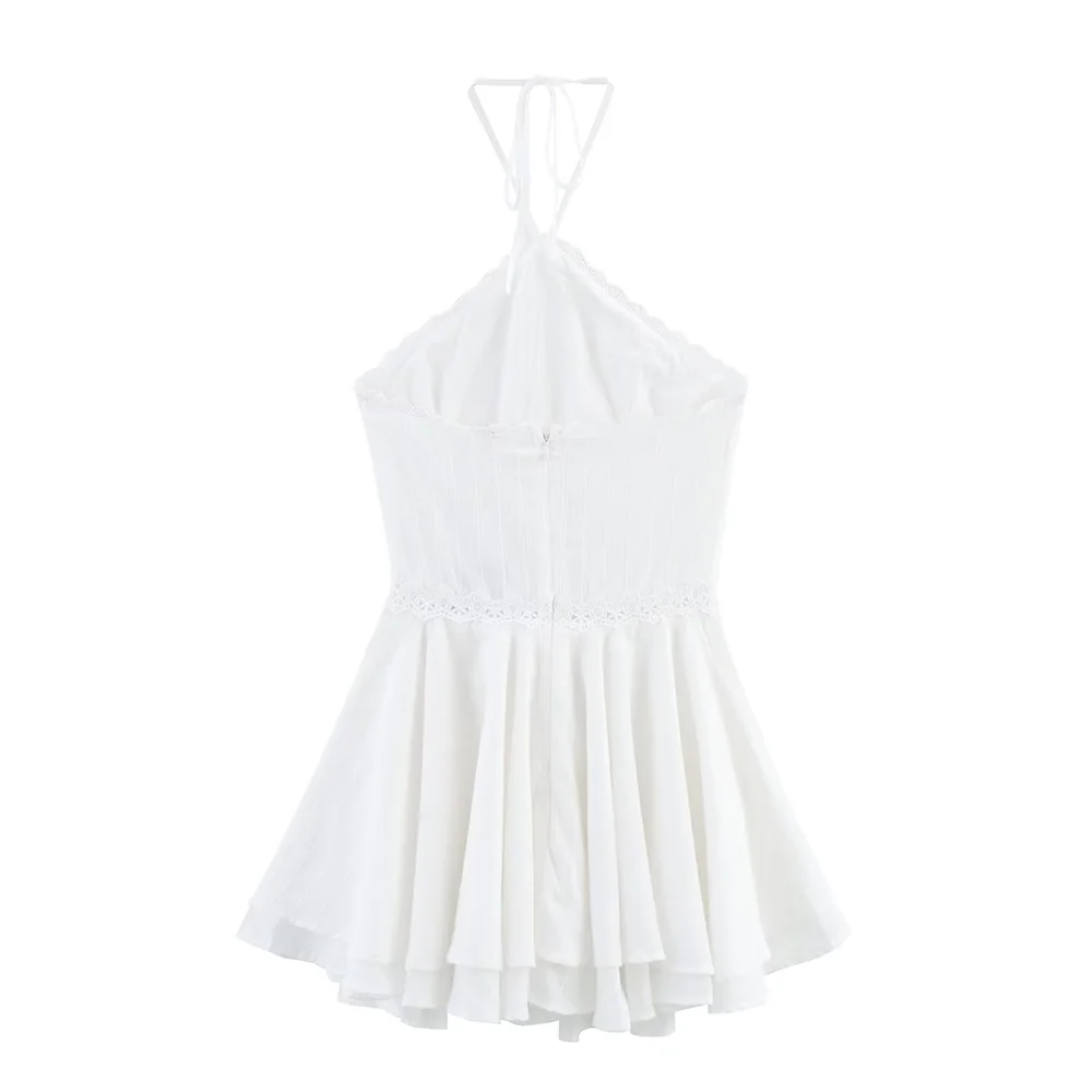 Verão nova moda feminina sem costas em camadas decoração pendurado pescoço colarinho vestido curto