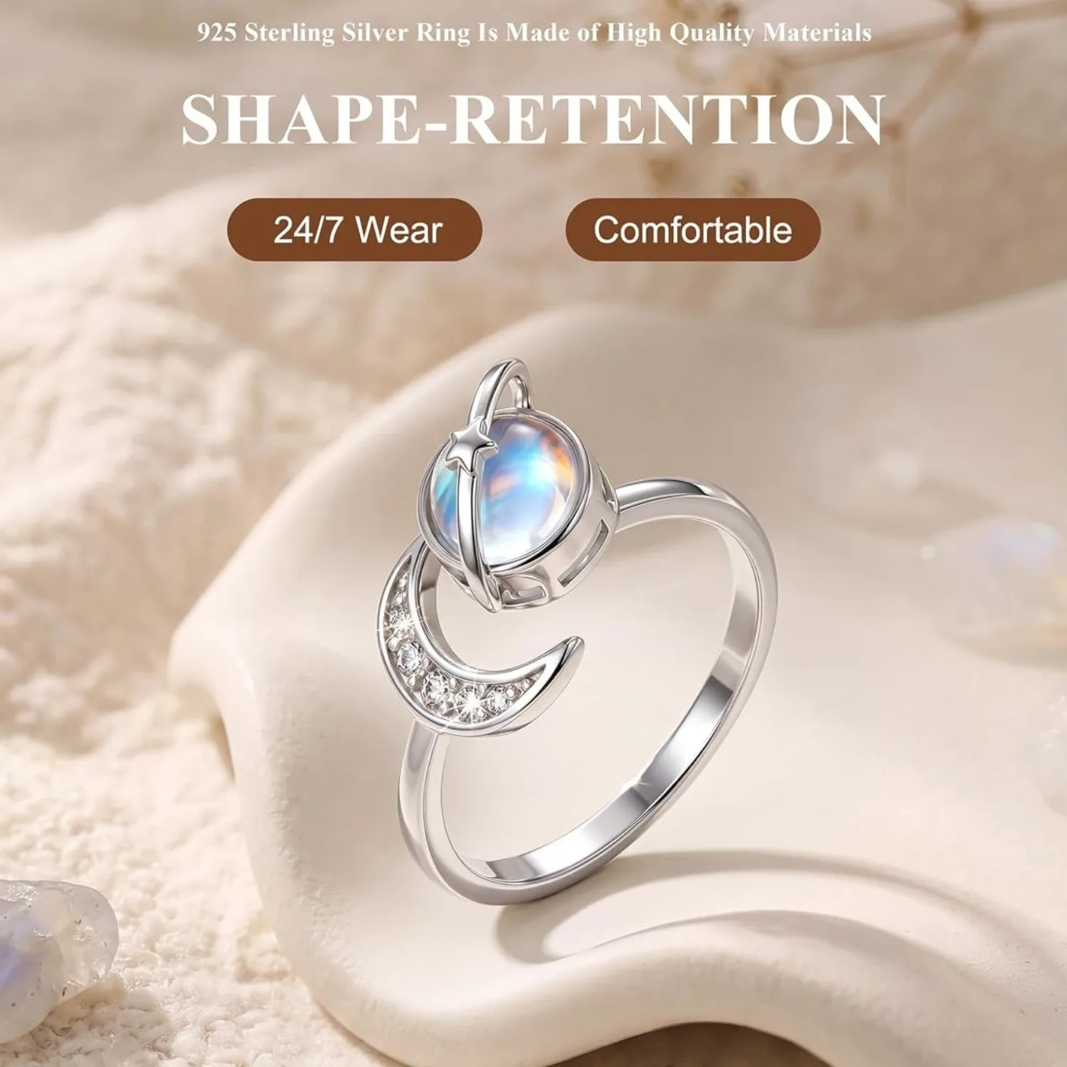 Fansilver 925 Sterling Silver Anxiety Ring for Women 18K White Plated Open Moonstone Adjustable Fidget Ring for Anti-Stress Ring