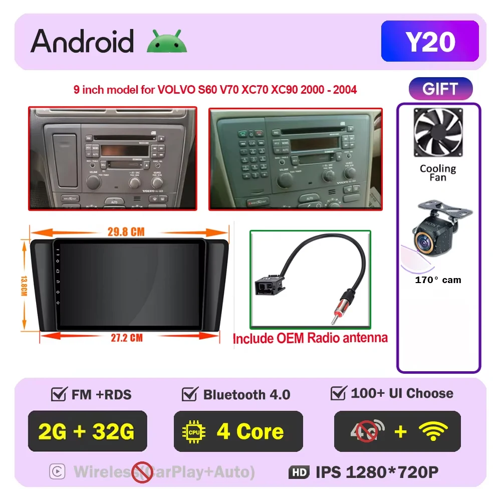 Auto radio CarPlay voor Volvo XC70 V70 S60 2000-2009 Android Auto multimediaspeler stereo 8-core autoradio DSP 5G WIFI scherm DVD