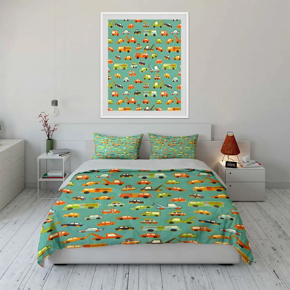 Colorful Vehicle Pattern Set Multiple sizes kid's and adults' bedroom Exquisite 3PC bedding set, gift
