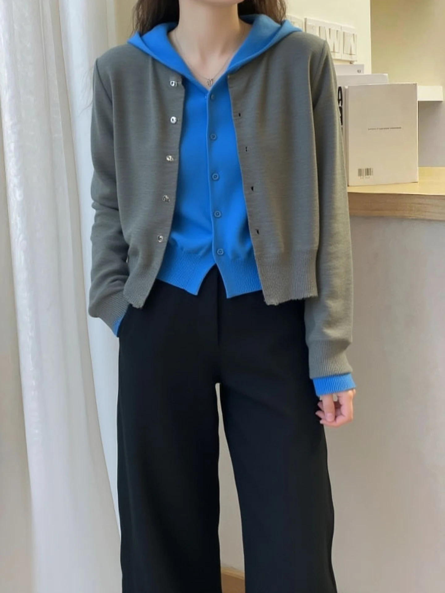 Schicker, langer, offener Cardigan mit Kapuze, Strickpullover für Damen, faionable Lazy Feelings, zweiteiliger Look, koreanische Passform, lockere Passform