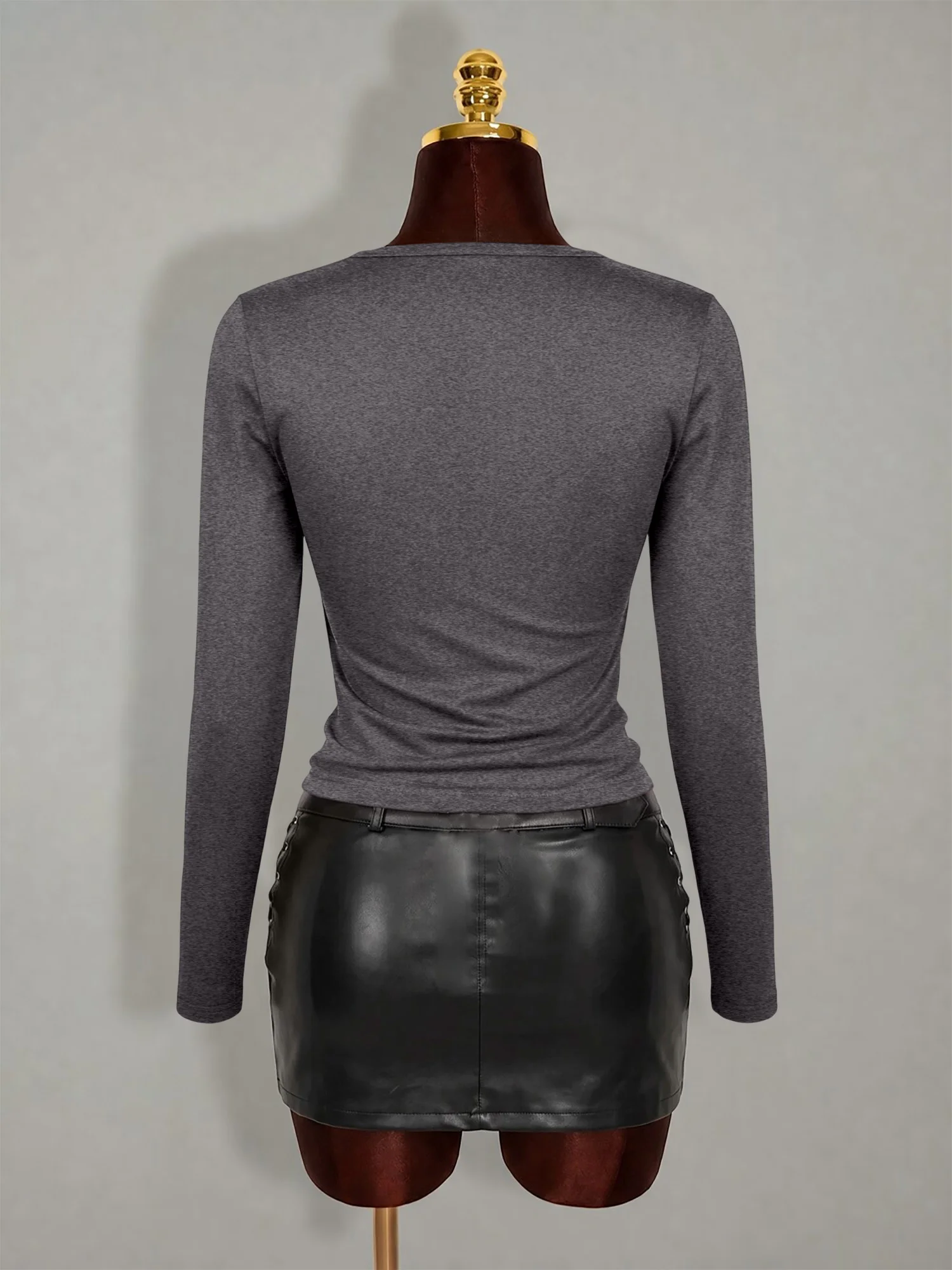 Vintage Chic Solid Color U Neck Long Sleeve Tees Ladies Figure Hugging Elastic Long Sleeve Shirts Spring Layering Inner Top view 2