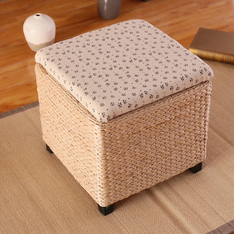 Woven Seagrass Storage Ottoman Solid Wood Shoe Changing Stool Entryway Bench with Seat Living Room Natural Fiber Organizer Chest