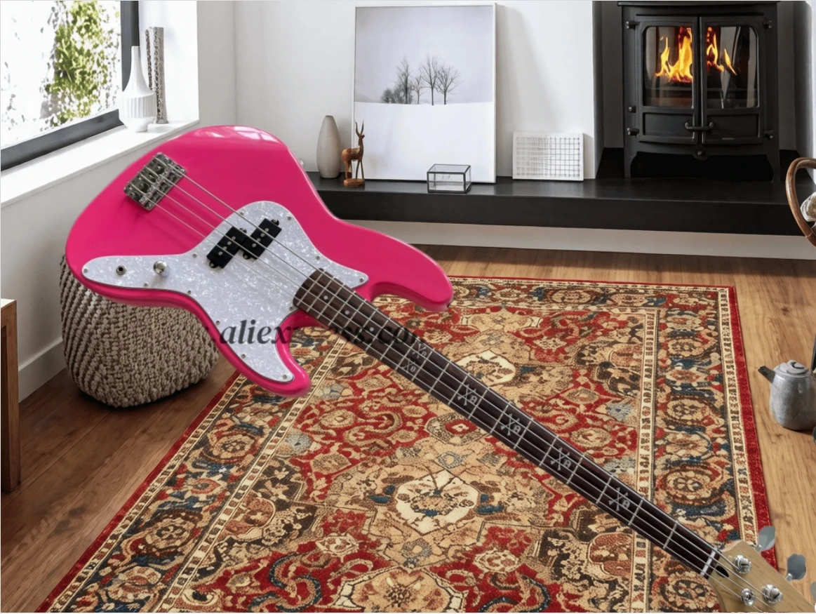 Pink bass guitar, fixed bridge, skull-shaped inlay fretboard, solid wood body, maple neck, white pearl pickupguard, customizable