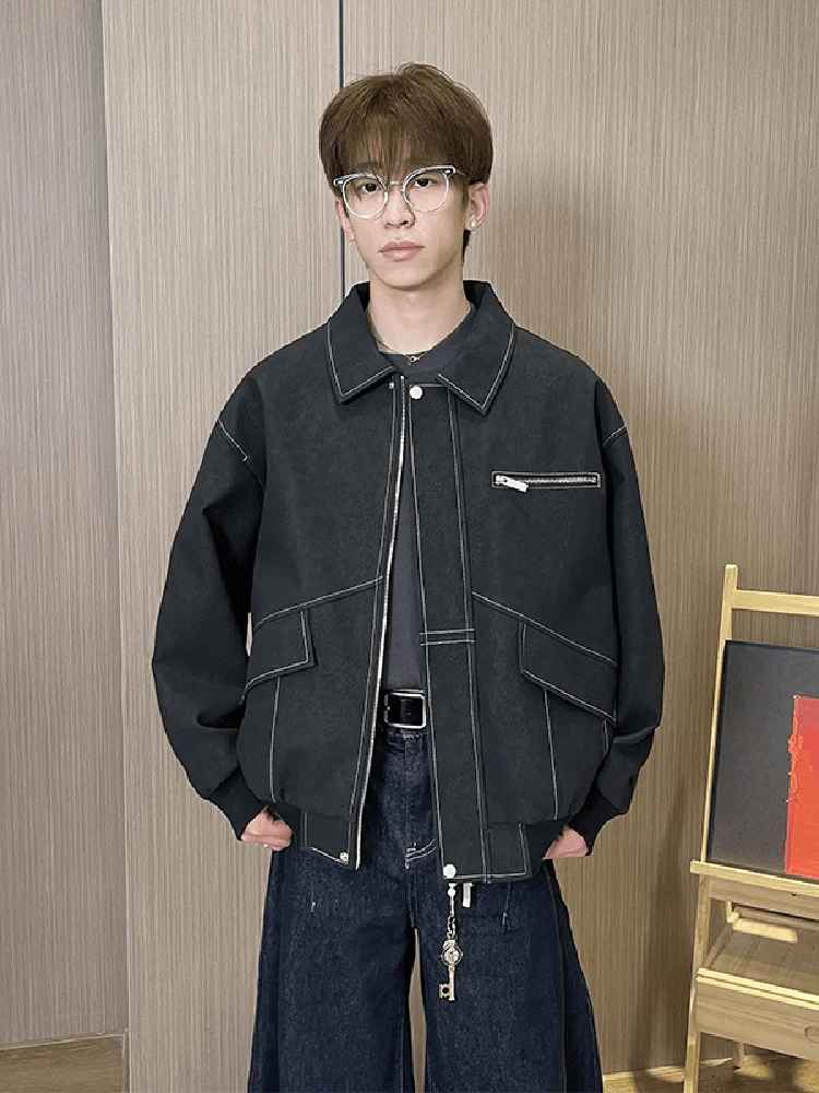 

American Sle Bubble Cloth Leather Jaet Men's CleanFit Outerwear Trendy Loose Fit Embroidery Decorated Iron-Free Polyester