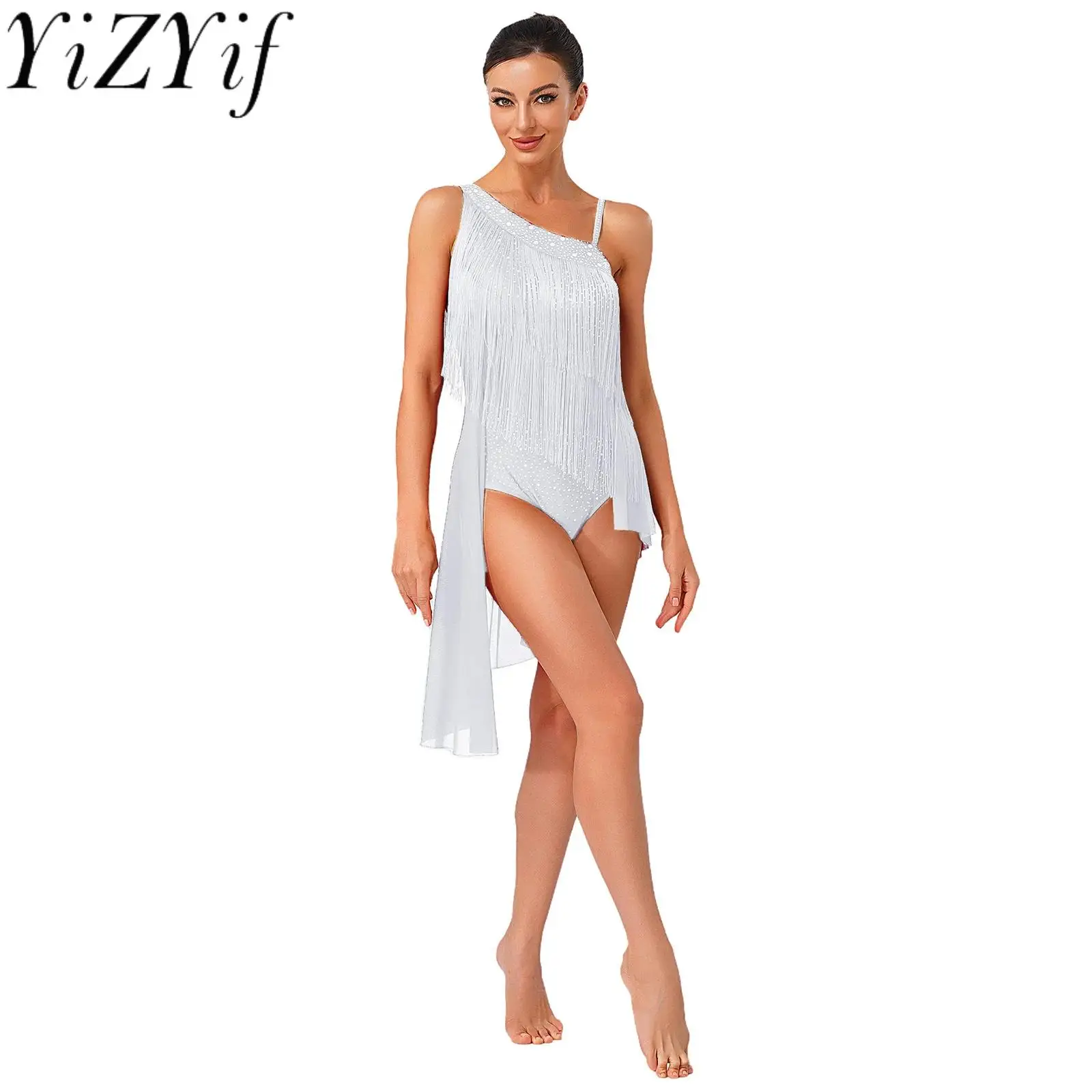 

Elegant Women Irregular Waltz Ballet Latin Tassel Dance Dress Rhinestones Leotard for Latin Modern Stage Dance Performance Wear