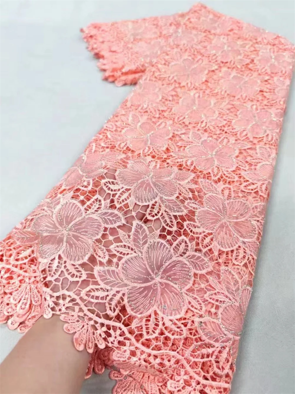 Peach Nigerian Lace Fabric 2024 High Quality French Lace Fabric Elegant Chiffon Guipure Cord Lace Big Stone Party Dresses