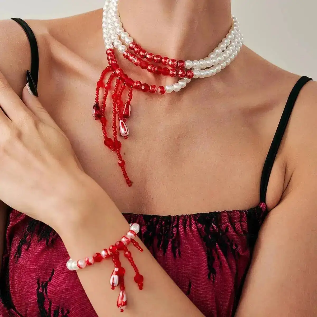 

KunJoe Retro Red Crystal Imitation Pearl Choker Necklace Bracelet Jewelry Set Women Sexy Gothic Party Halloween Accessories