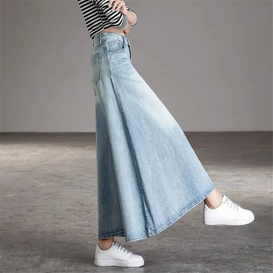 Super Loose Culotte Wash Vintage Wide Leg Jeans Women Design Oversize High Waist Denim Pantalones 95cm Korean Baggy Skirt Pants