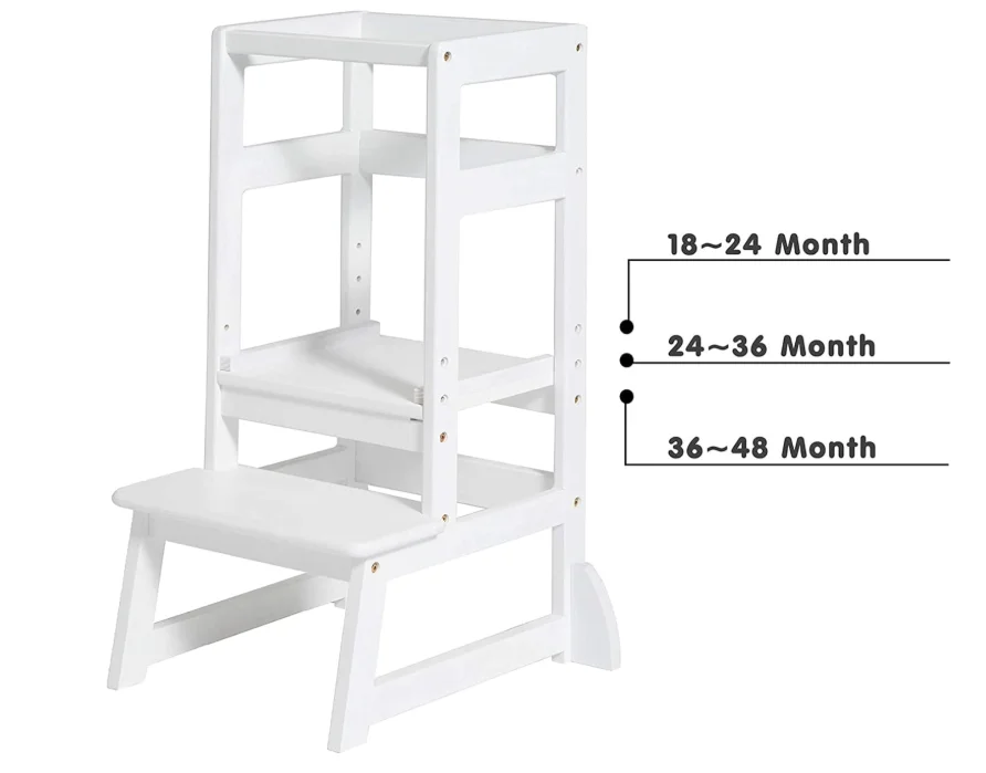 Adjustable White Solid Wood Learning Tower Toddler Kitchen Helper Safe Kids Standing Step Stool