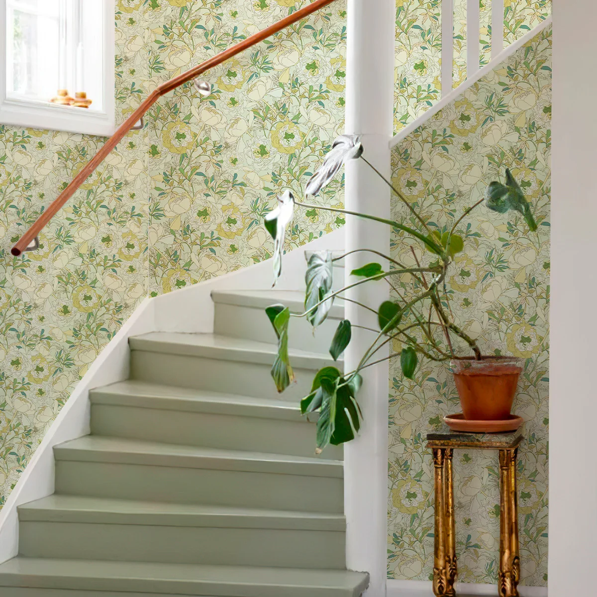 light Yellow Green Line Floral Foliage Waterproof Wallpaper Self Adhesive Removable Natural Green Botanical Cabinet Sticker