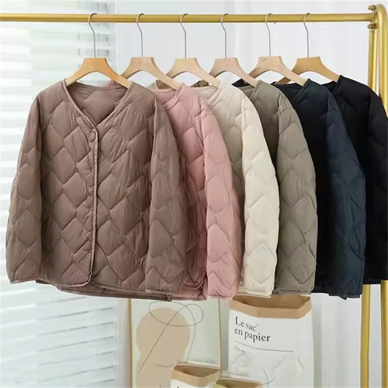 Autumn Winter Women Down Coat  V Neck Light Thin White Duck Down Jacket Ladies Single Breasted Warm Puffer Parkas Short Outwears