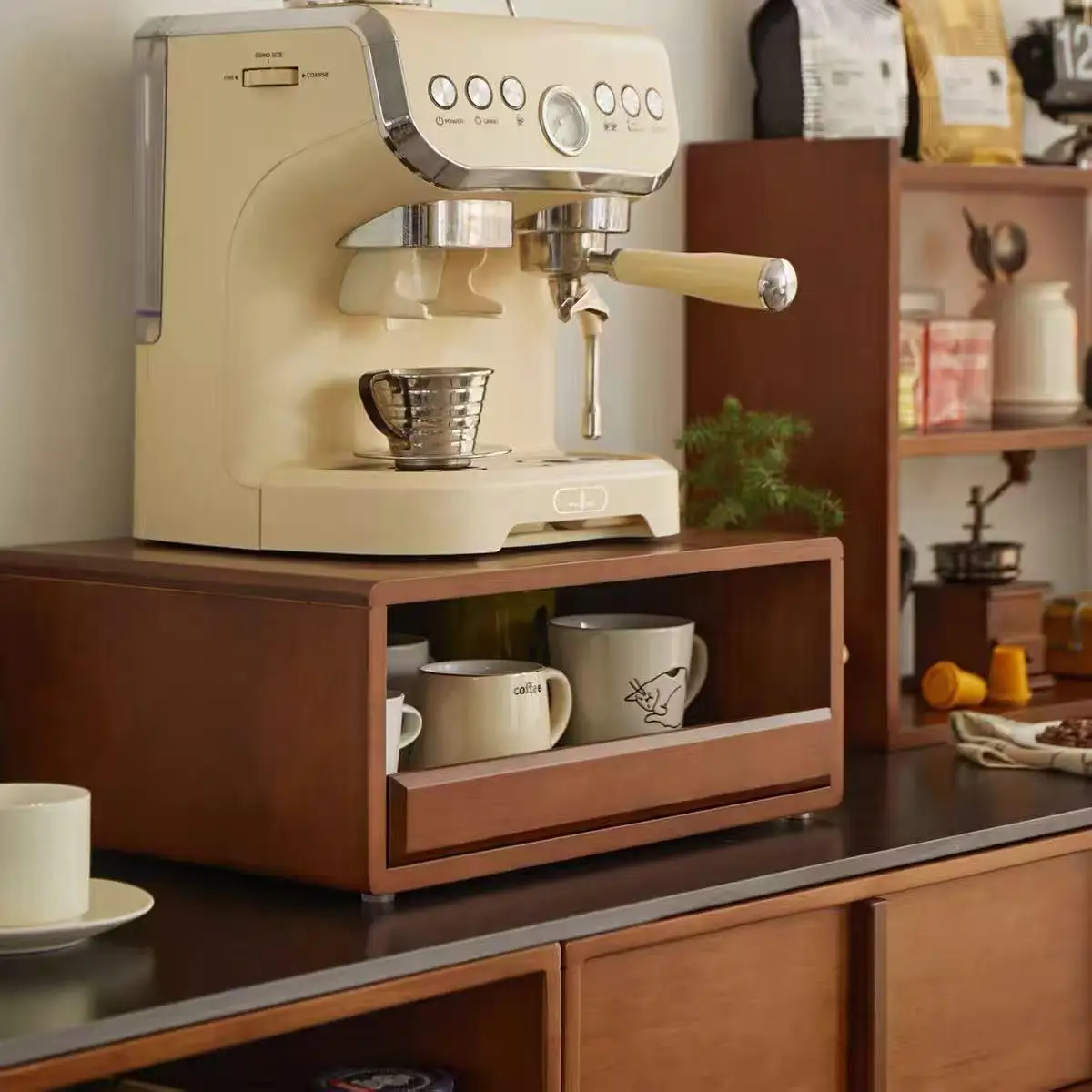 Solid wood coffee machine riser coffee cup storage rack desktop cup rack drawer-style cup storage