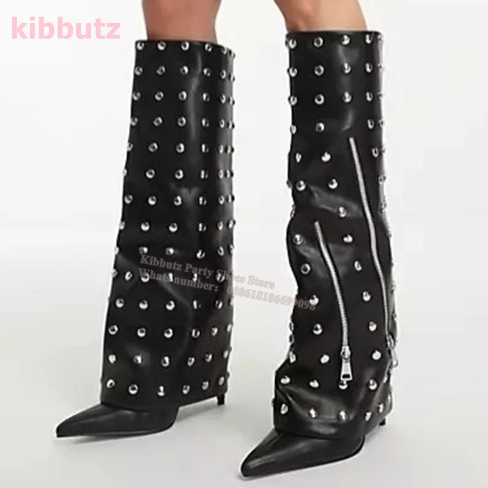 

Studded Knee High Boots Rivet Solid Black Genuine Leather Side Zippers Pointed Toe Thin Heels Fashion Sexy Concise Women Shoes