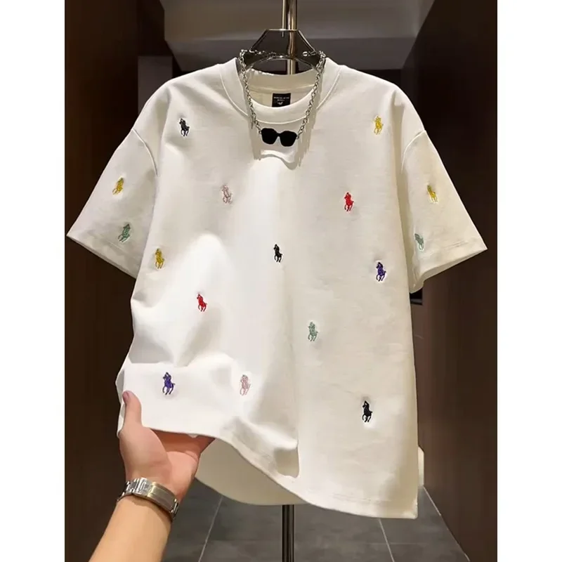 Camiseta informal bordada de manga corta, jersey con cuello redondo, transpirable, ajustado, novedad de verano, estilo, Top de marca a la moda para hombre