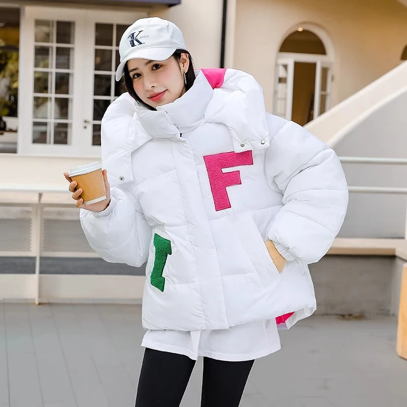 Plus Size Stitching Down Cotton-Padded Jacket Women 2024 Winter New Letter Contrast Color Short Loose Thickened Coat Bread Suit