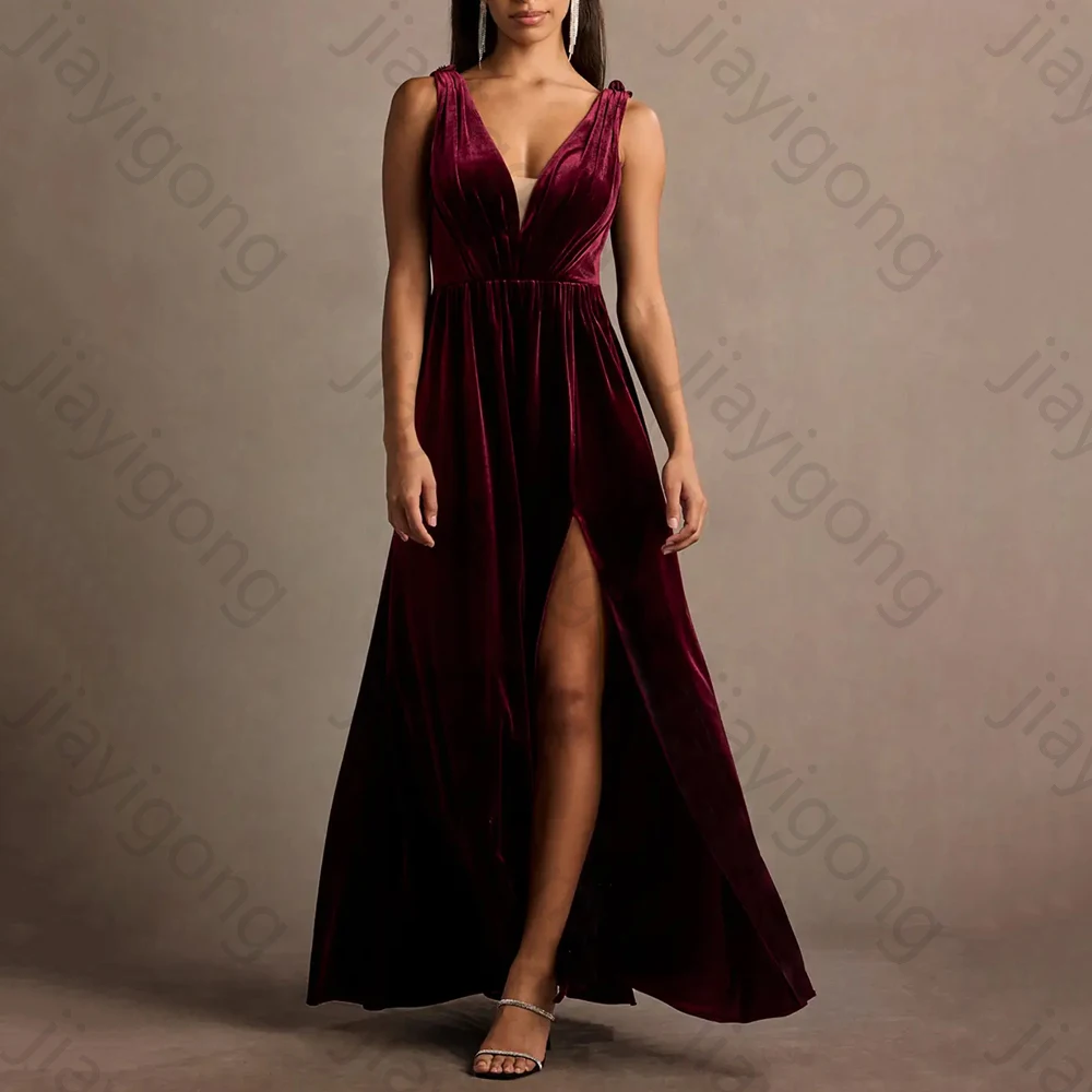 

Elegant V-neck Sleeveless Evening Dresses Sexy Side Slit Celebrity Long Dress Exquisite High Quality Prom Party Gowns Customized