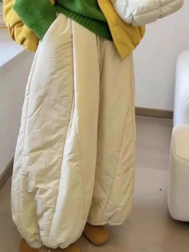 Pantalones de talla grande para mujer, pantalones de pierna ancha con cintura elástica japonesa, pantalones cálidos con cordón para otoño e invierno W924 ﻿