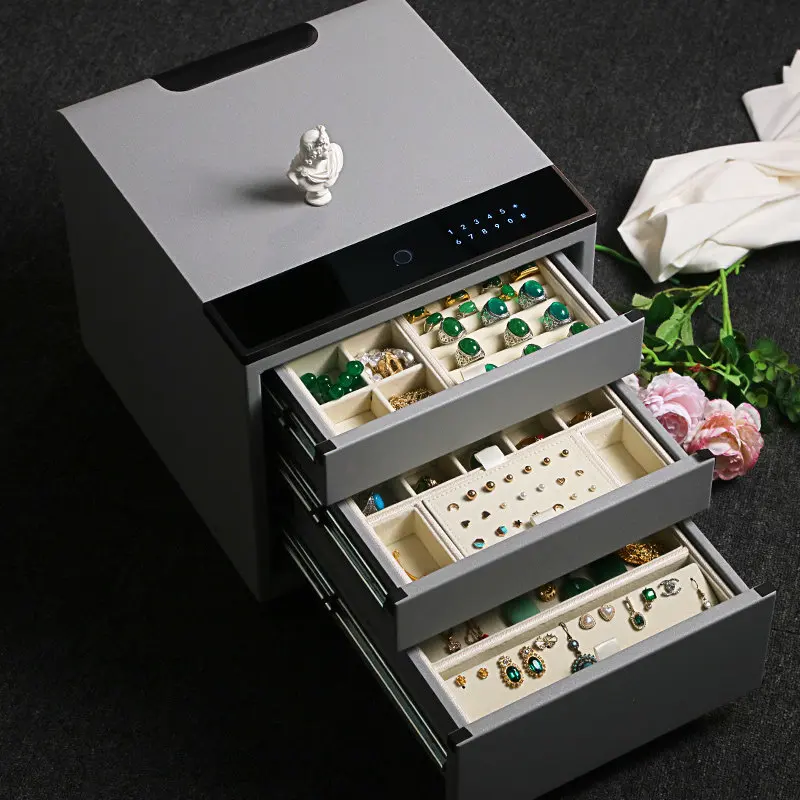 Leather Jewelry Organizer Box with Fingerprint Lock 3-Layer Safe Box Home Office Storage Case for Rings Necklaces Bracelets