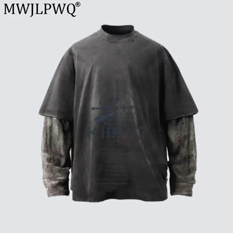 MWJLPWQ American Layered T-Shirt Men's Letter Print Washed Distressed Faux Two-Piece Design Heavy-Duty Ripped Tops Tide 21513