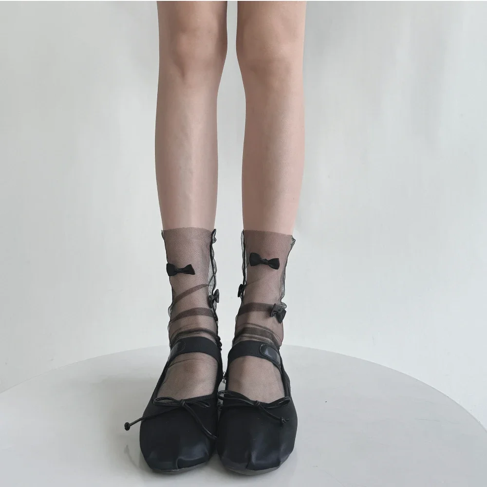Women Socks Summer Ultra-thin Transparent Solid Color Loose Long Socks Cute Bow Lolita Sweet Girls Kawaii Cute Mesh Lace Socks