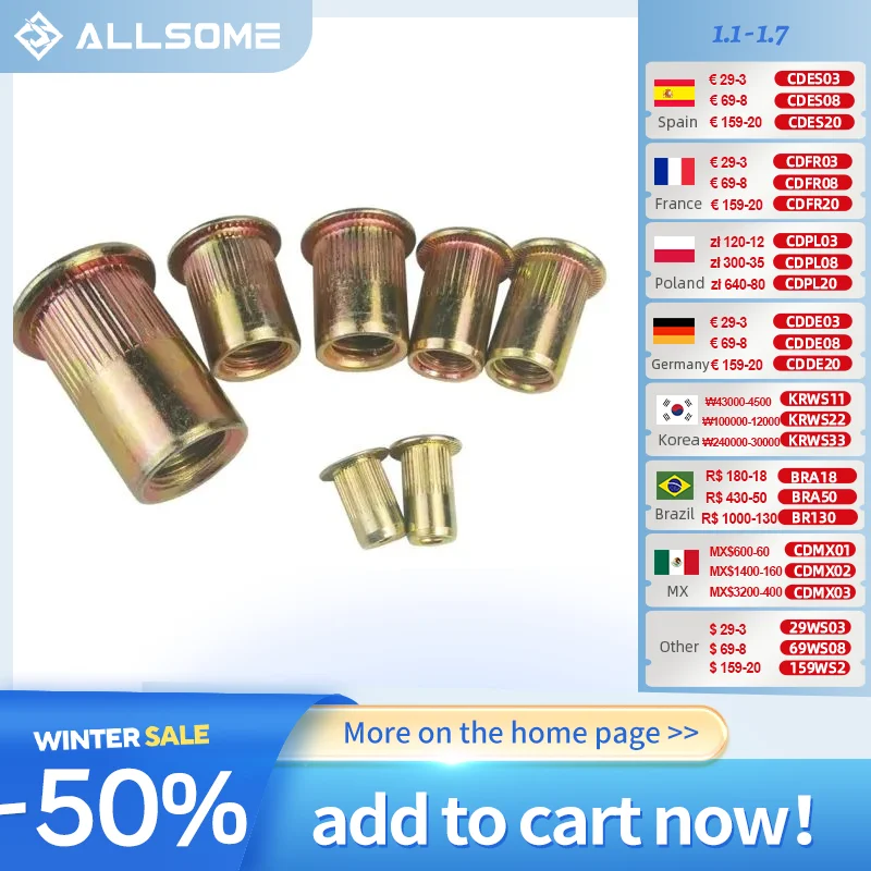 ALLSOME Carbon Steel Rivet Nuts Flat Head Insert Nutsert Threaded Rivetnut M3 M4 M5 M6 M8 M10