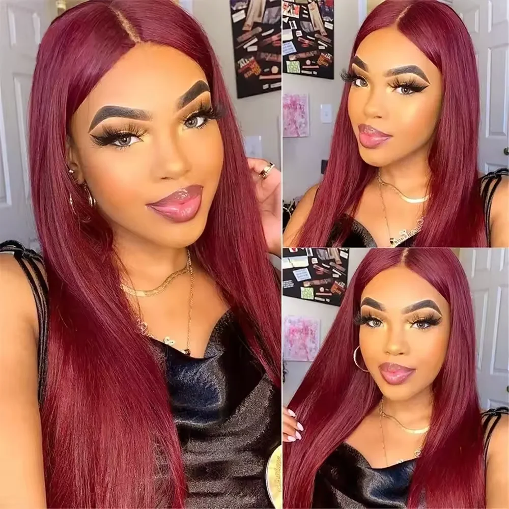 99J Burgunderrote 13x6 HD Lace Frontal Echthaarperücken, glatte Lace-Front-Perücken, vorgezupft, 200er Dichte, vorgezupft für Damen, 40 Zoll